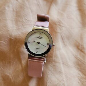 Skagen Ladies Pink Mother of Pearl Silver Rimmed Round Face Watch with Pink Band